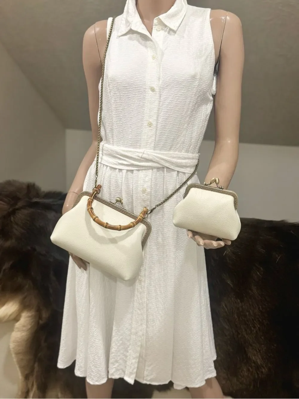 Handsewn Genuine Pebble Leather, Retro Style Kisslock & Bamboo Handle Bag Set